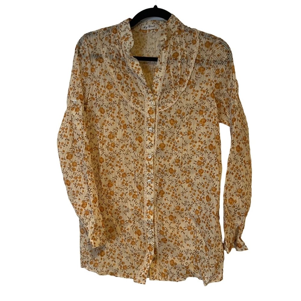 Cottagecore Blouse Womens Medium Floral 3/4 Tab Sleeve Sheer Lace Accent Yellow